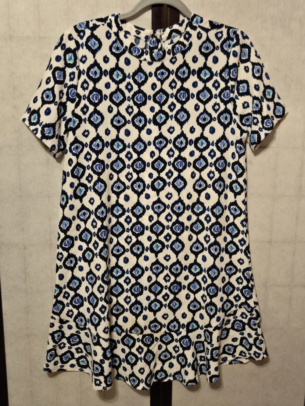 Mud Pie Short Sleeve Dress With Blue Geometric Pattern And Ruffle Hem